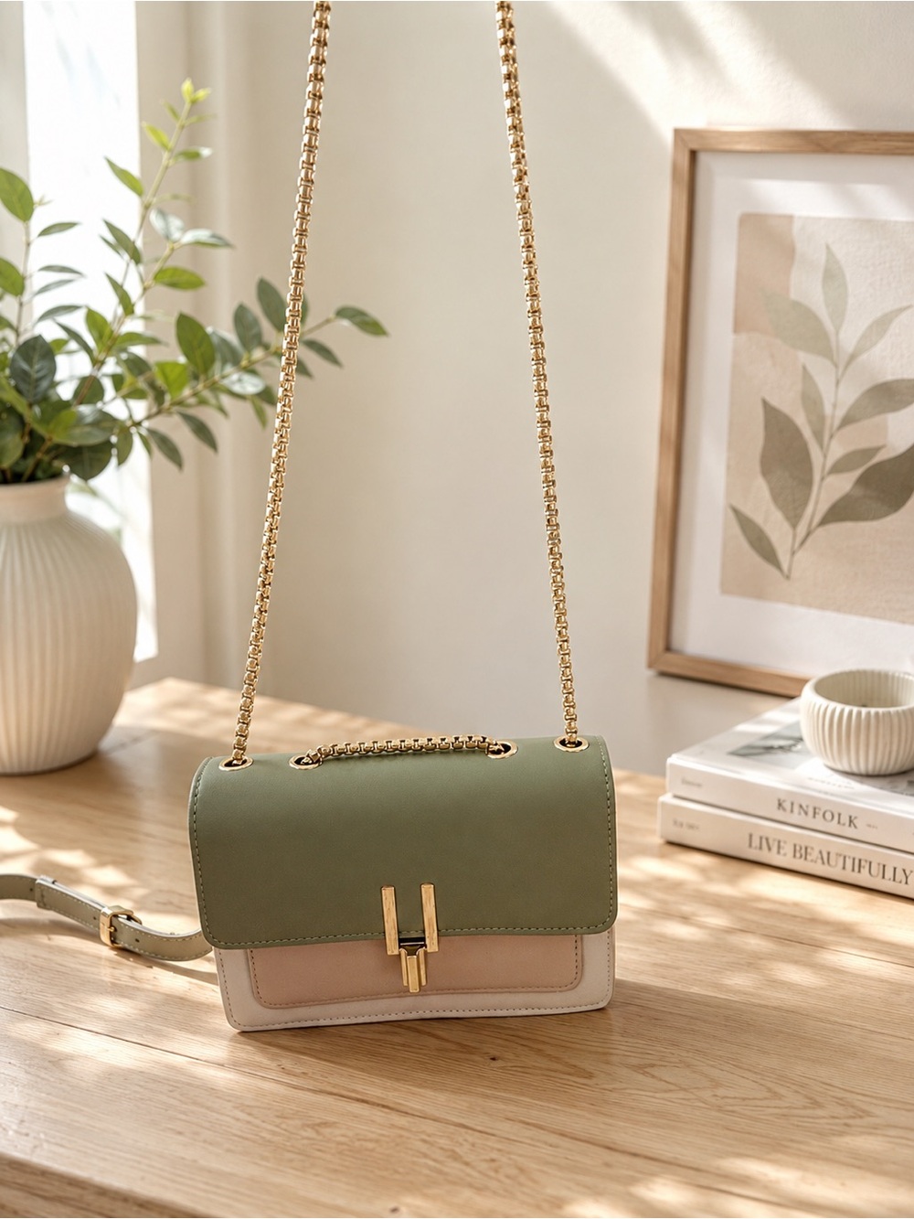 Women’s Two-Tone Chain Shoulder Bag in Sage Green and Beige